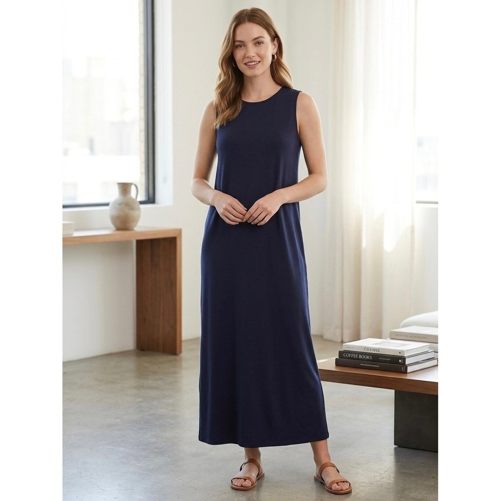 Uniqlo Black Ribbed Knit Sleeveless Maxi Dress Cotton Modal Blend Small 460601